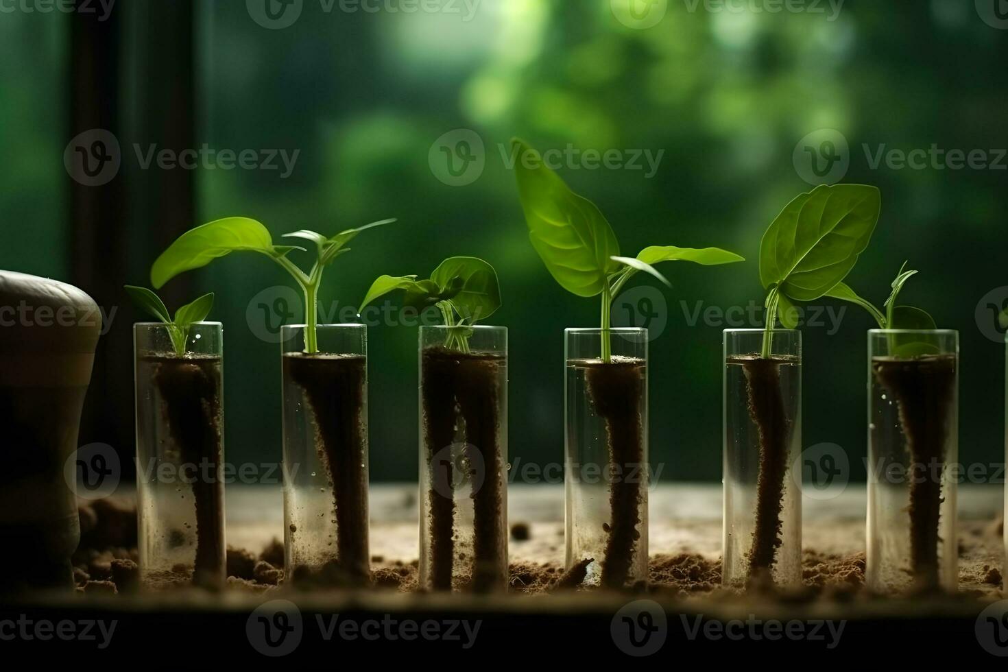 ai gerado verde fresco plantar dentro vidro teste tubo dentro laboratório. neural rede ai gerado foto