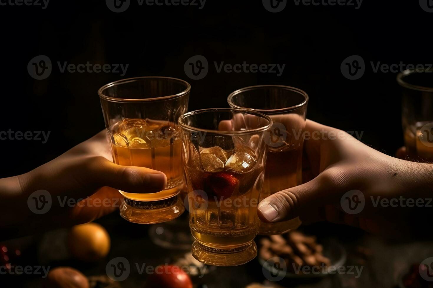 ai gerado grupo do amigos desfrutando álcool bebidas. jovem pessoas mãos torcendo às Barra restaurante. neural rede ai gerado foto