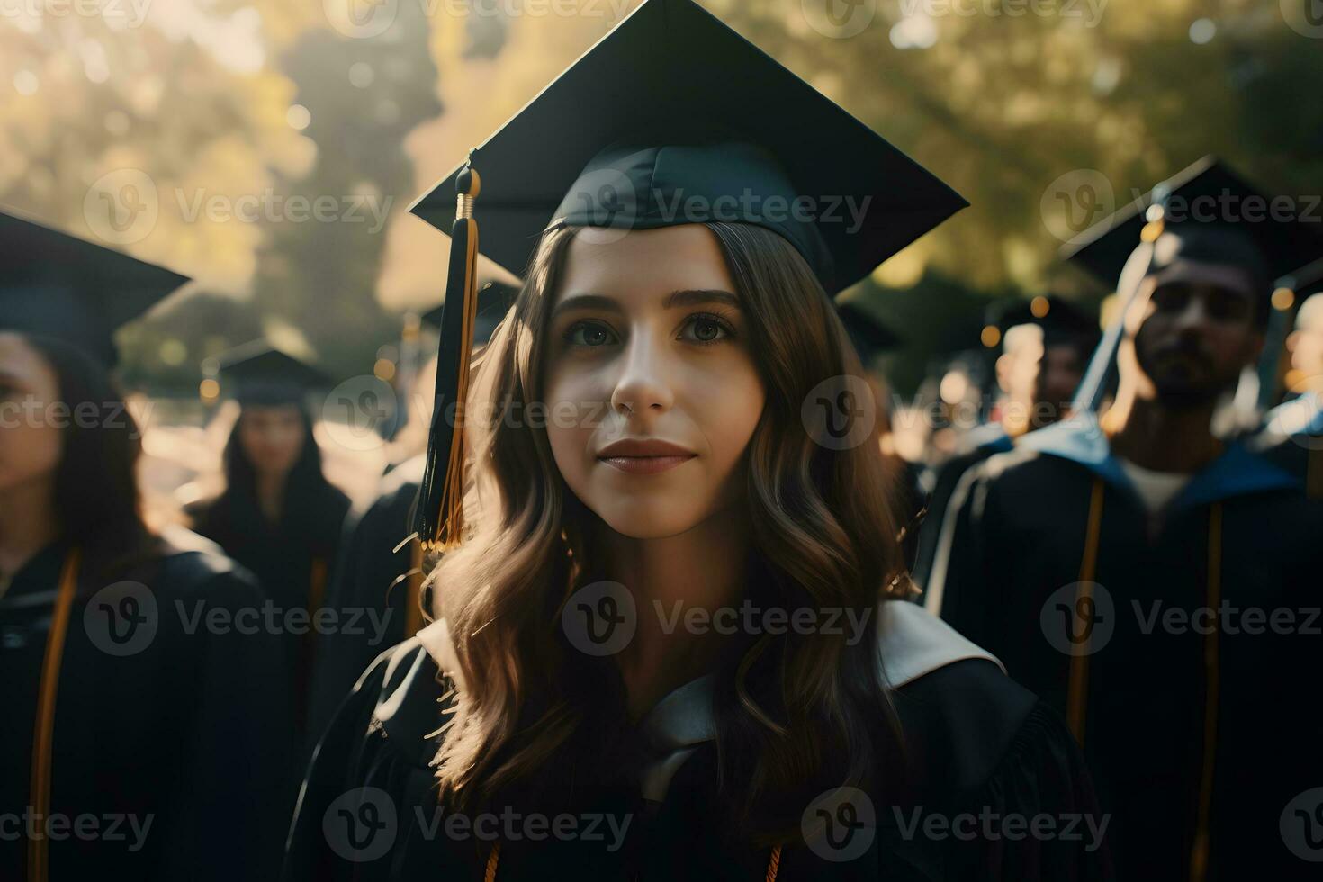 ai gerado retrato do uma universidade graduado garota. neural rede ai gerado foto