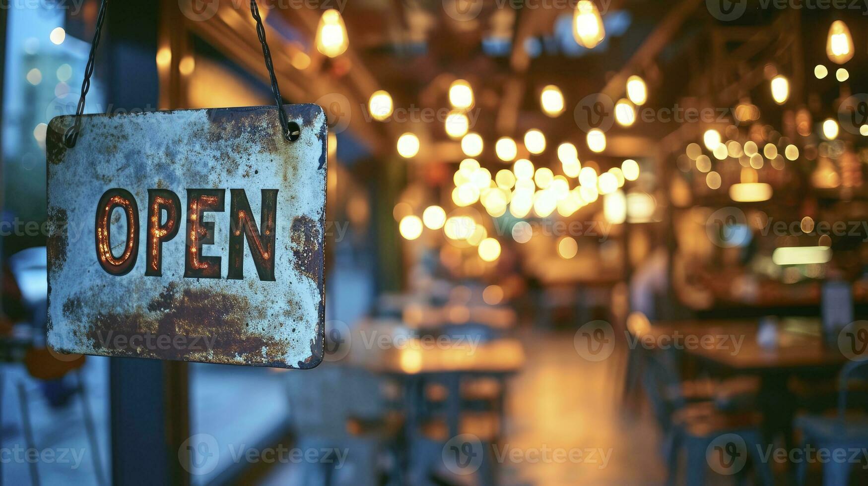 ai gerado a placa com texto aberto às a restaurante foto