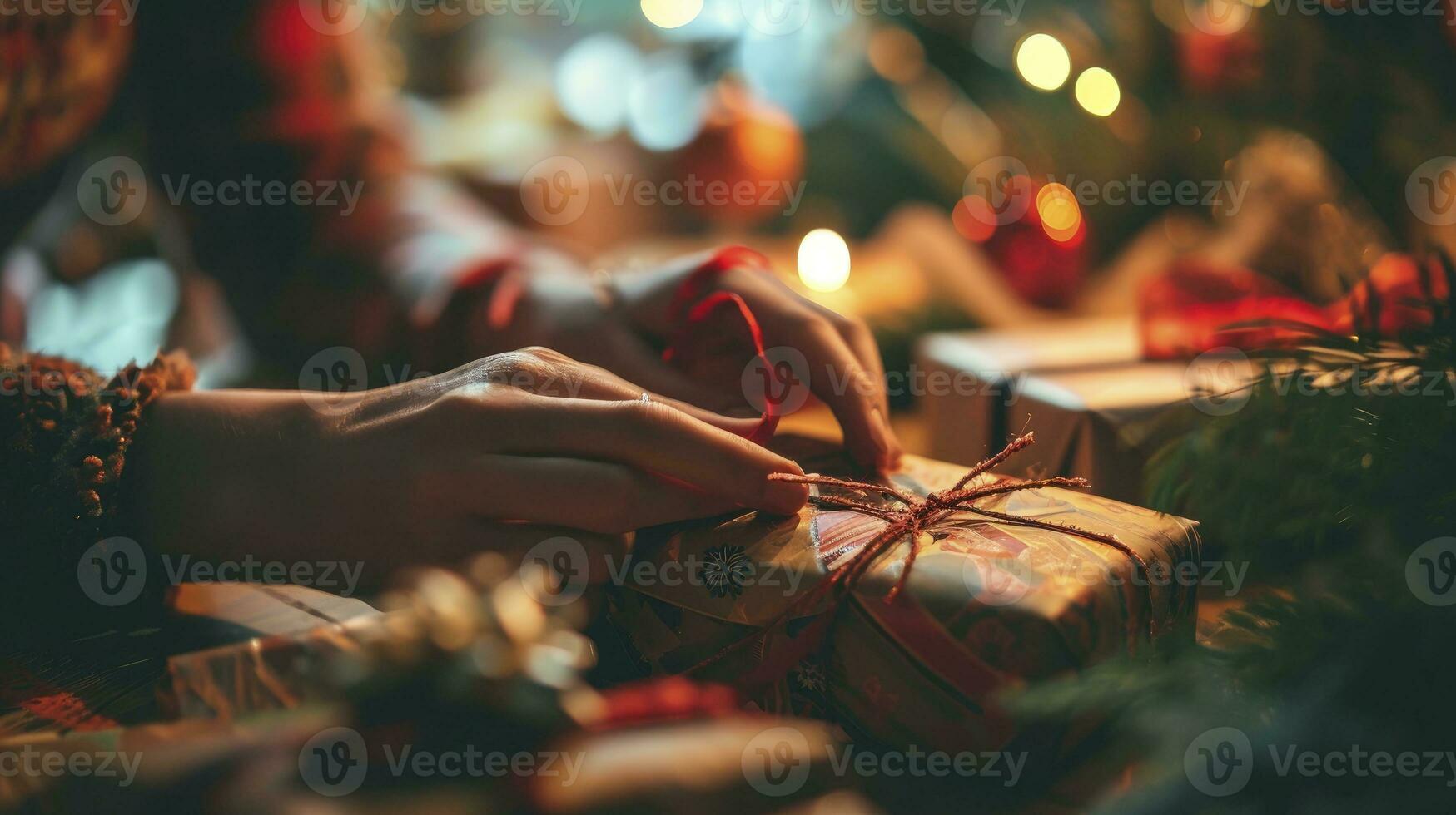 ai gerado embalagem de presente mãos fechar-se. espalhando alegria durante Natal feriados. foto