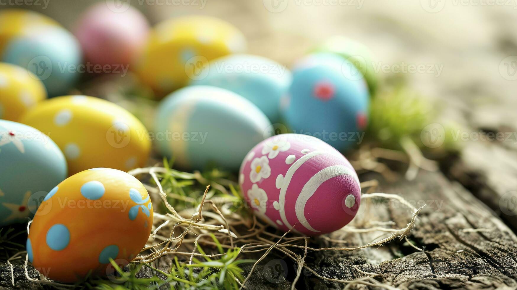 ai gerado lindo colorida Páscoa ovos em de madeira foto