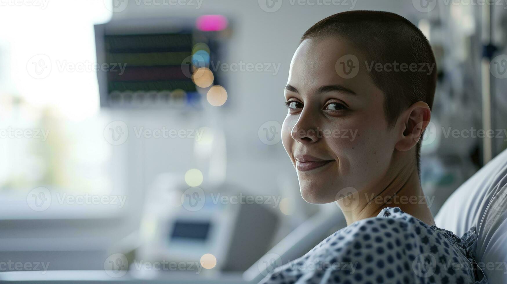 ai gerado mulher com uma Careca cabeça dentro uma hospital cama mundo Câncer dia conceito. foto