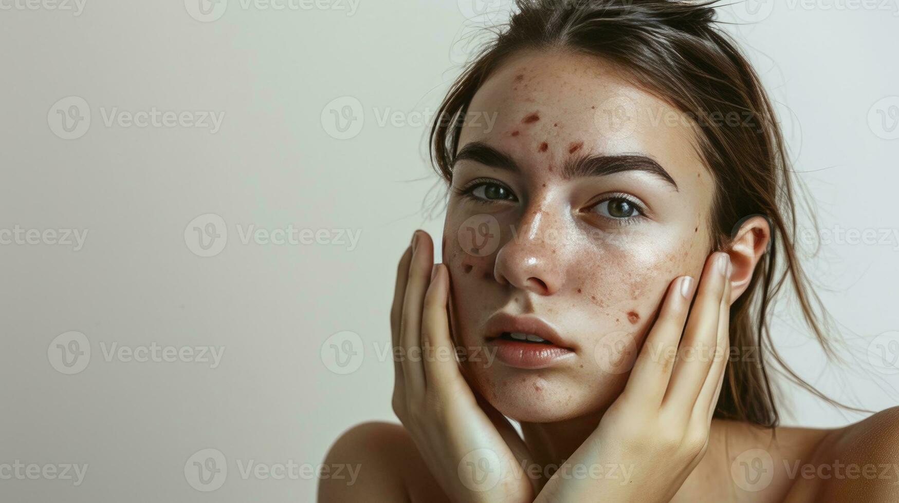 ai gerado jovem mulher com acne problema esmagando espinhas em luz fundo com espaço para texto foto