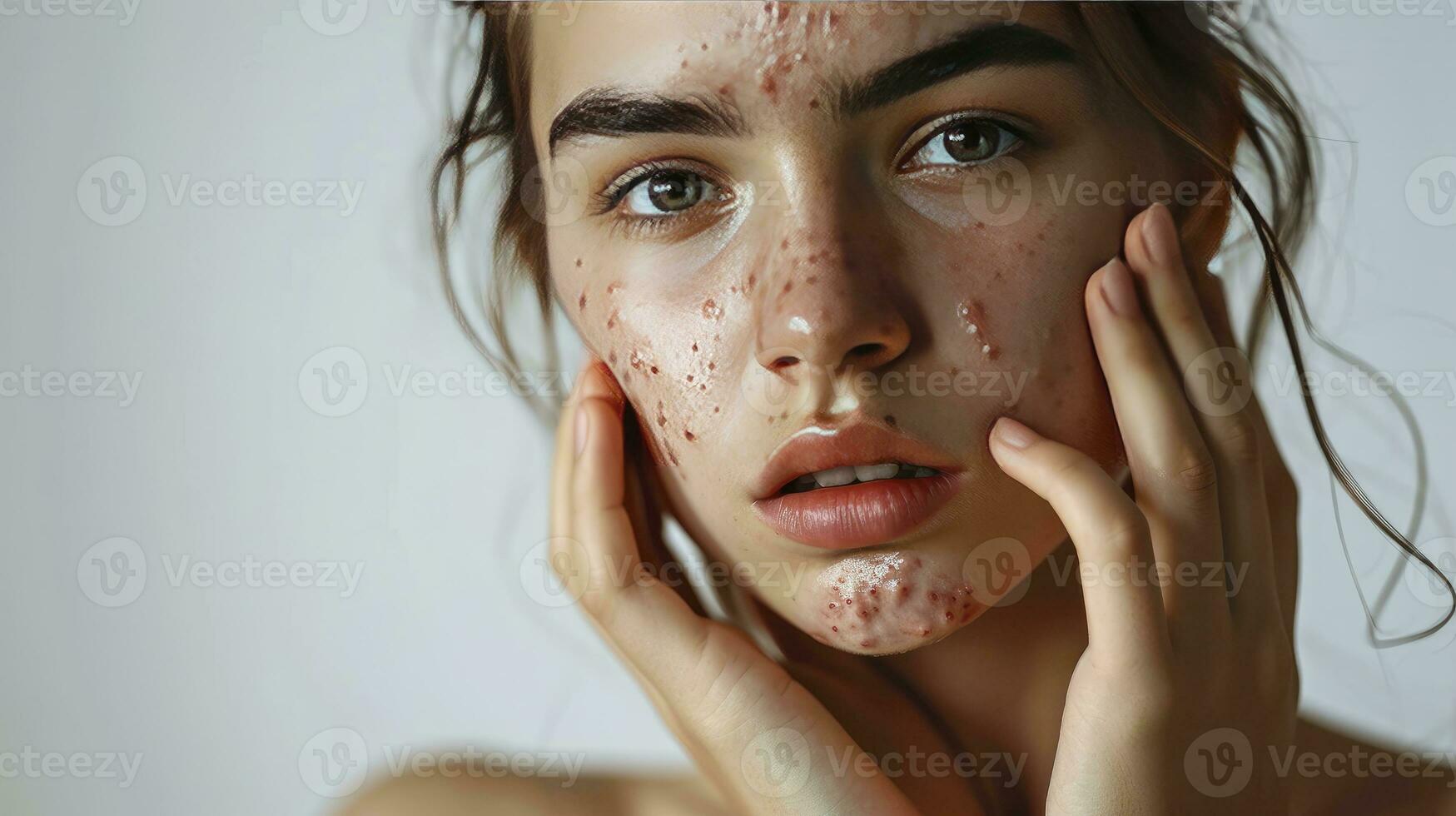 ai gerado jovem mulher com acne problema esmagando espinhas em luz fundo com espaço para texto foto