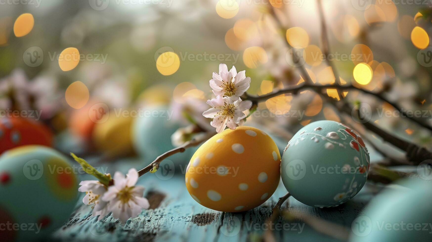 ai gerado fechar acima Páscoa ovos em uma azul cor de madeira mesa contra uma bokeh fundo Páscoa celebração foto