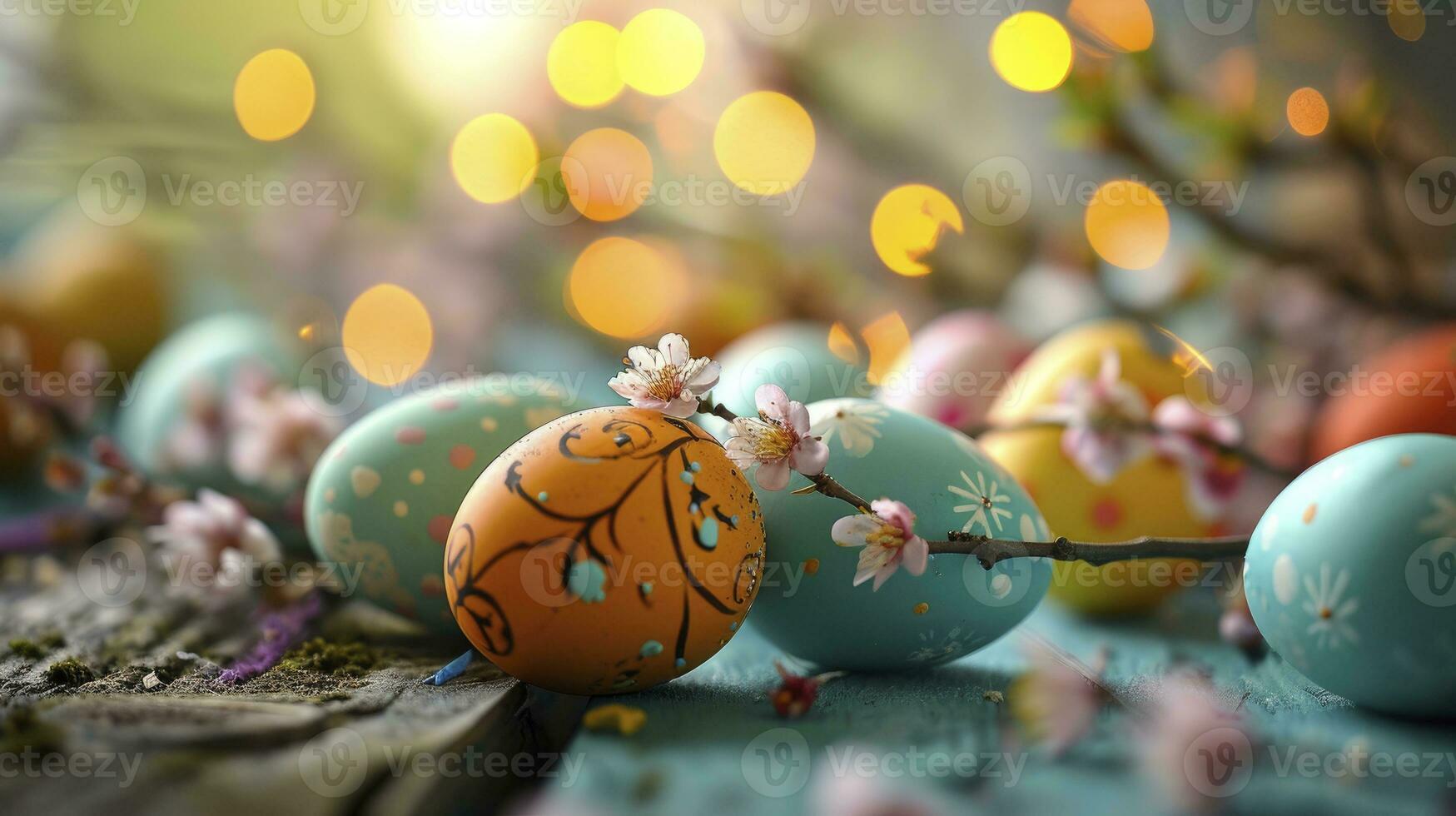 ai gerado fechar acima Páscoa ovos em uma azul cor de madeira mesa contra uma bokeh fundo Páscoa celebração foto