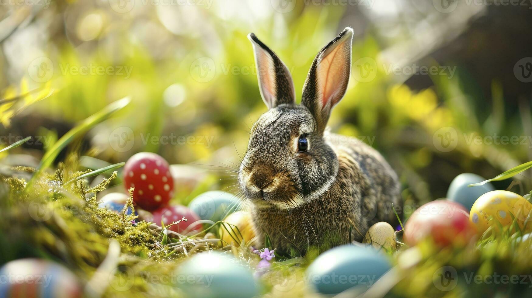 ai gerado feliz Páscoa Coelho com muitos colorida Páscoa ovos foto