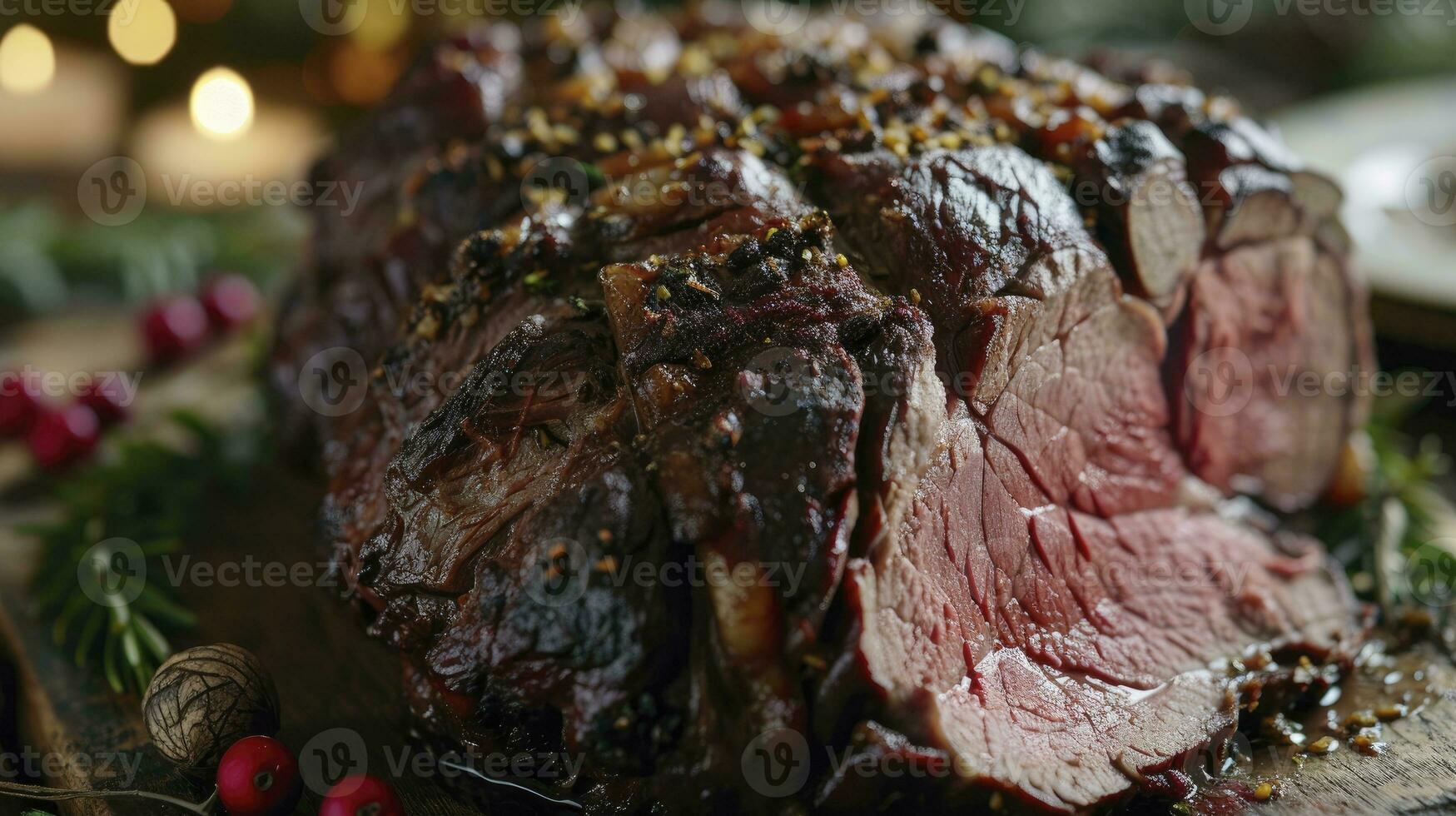 ai gerado Natal prime costela carne filé assado fechar-se, natal cardápio em mesa foto