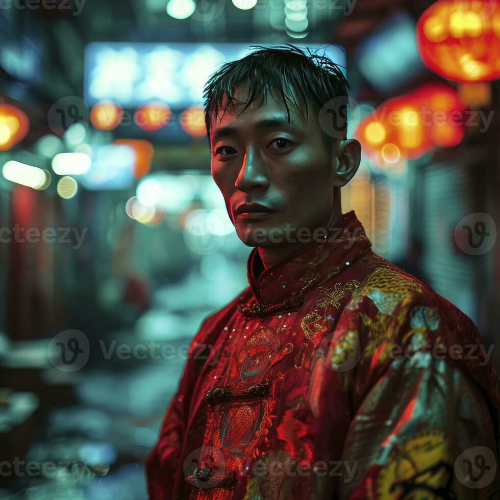 ai gerado chinês homem com uma chinês Novo ano traje dentro uma cidade às a noite. foto