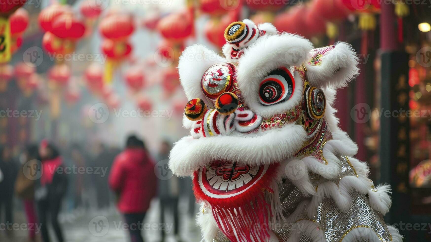 ai gerado chinês tradicional leão dança traje realizando às uma têmpora dentro China, lunar Novo ano celebração, chinês Novo ano foto