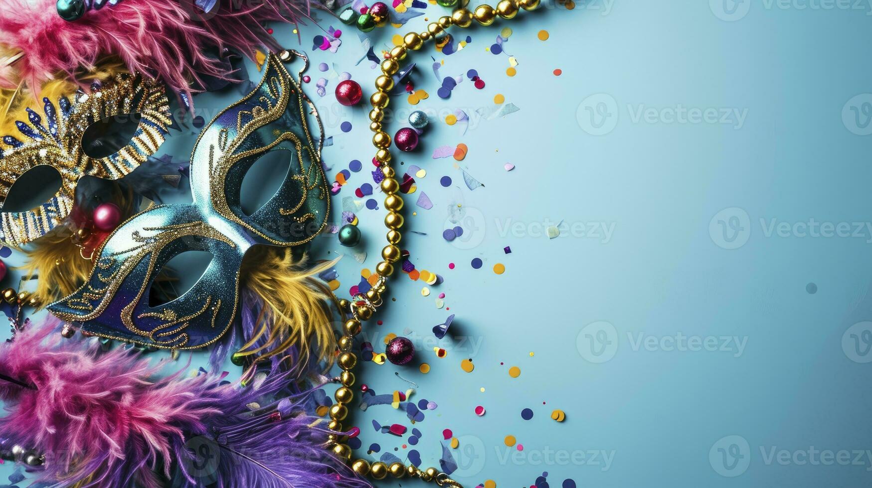 ai gerado colorida mardi gras miçangas, penas e carnaval máscaras em azul fundo com cópia de espaço foto