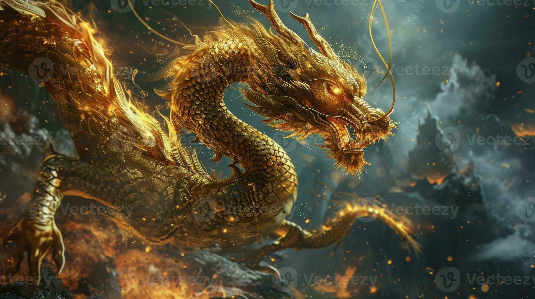 ai gerado a chinês Novo ano 2024 ano do a Dragão, a chinês zodíaco símbolo é a lunar Novo ano conceito. a ásia celebração, ilustração fantasia animê mangá chinês dourado Dragão. foto