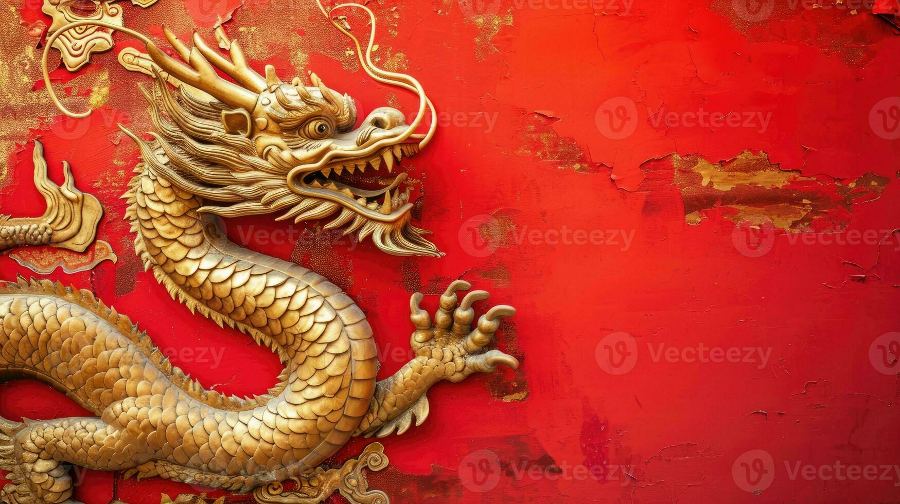 ai gerado feliz chinês Novo ano, Dragão zodíaco, chinês dourado Dragão, cumprimento cartões e faixas foto