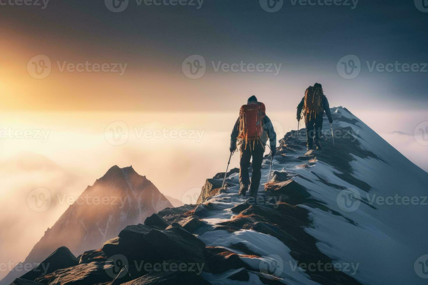 ai gerado Nevado nebuloso montanha alpinistas, 2 alpinistas escalar para a topo do Nevado montanha, caminhada, ai generativo foto