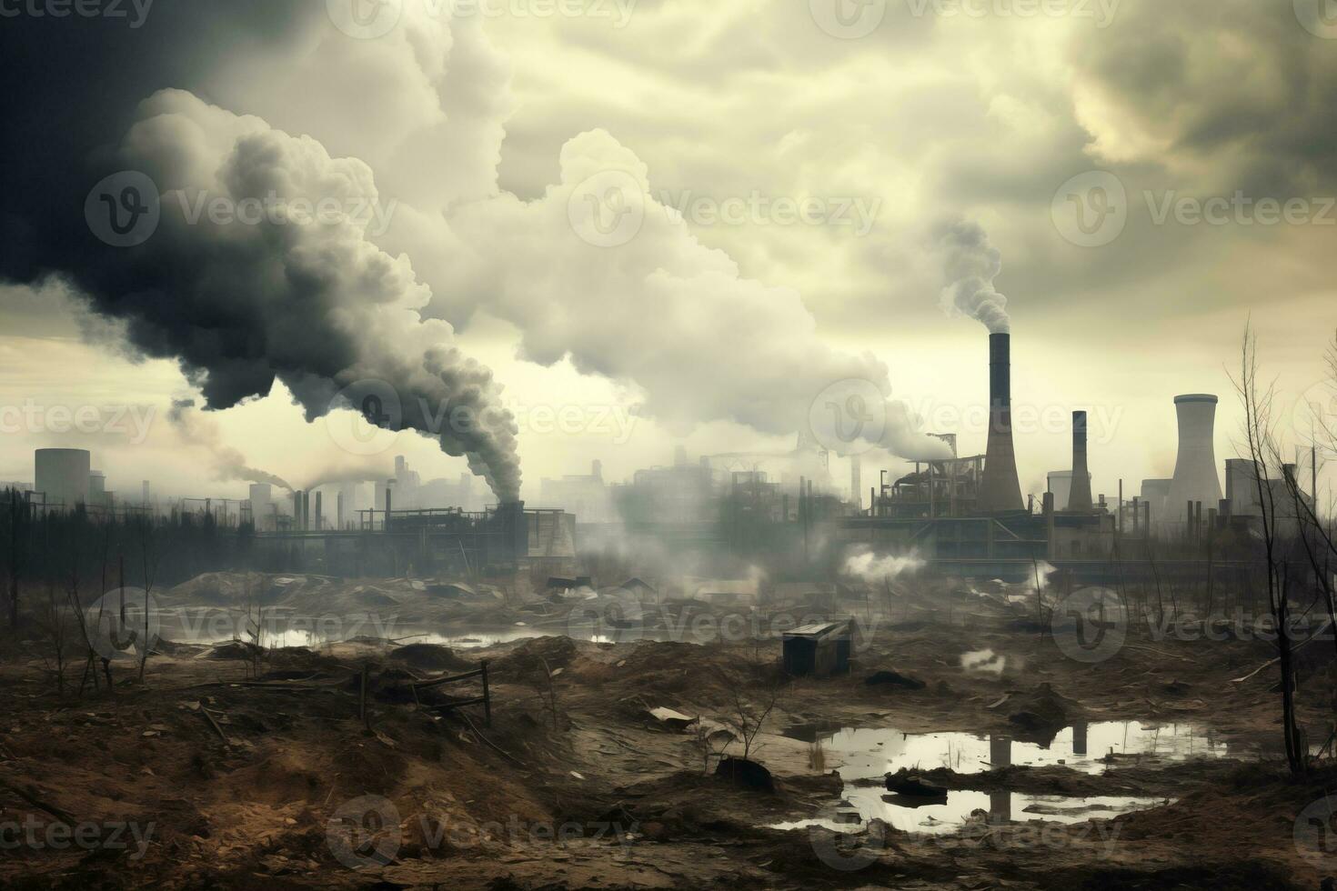 ai gerado químico fábrica com fumaça pilha. emissão a partir de tubos. ecologia e de Meio Ambiente proteção problemas. ar poluição. foto