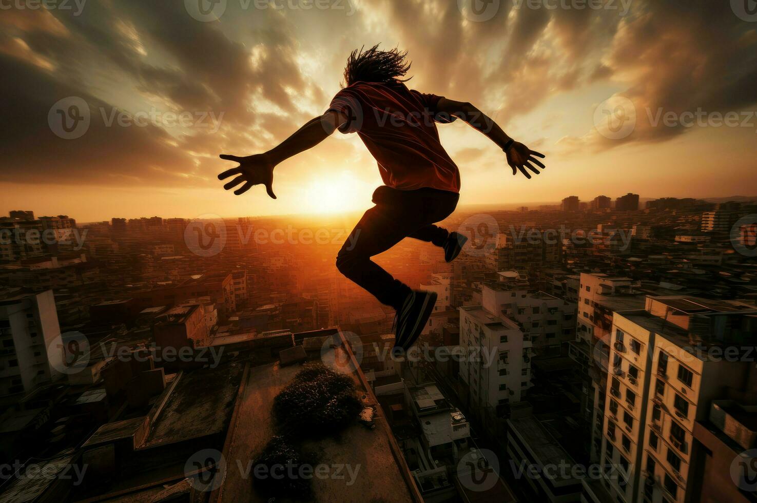 ai gerado tirar o fôlego homem Parkour pôr do sol. gerar ai foto