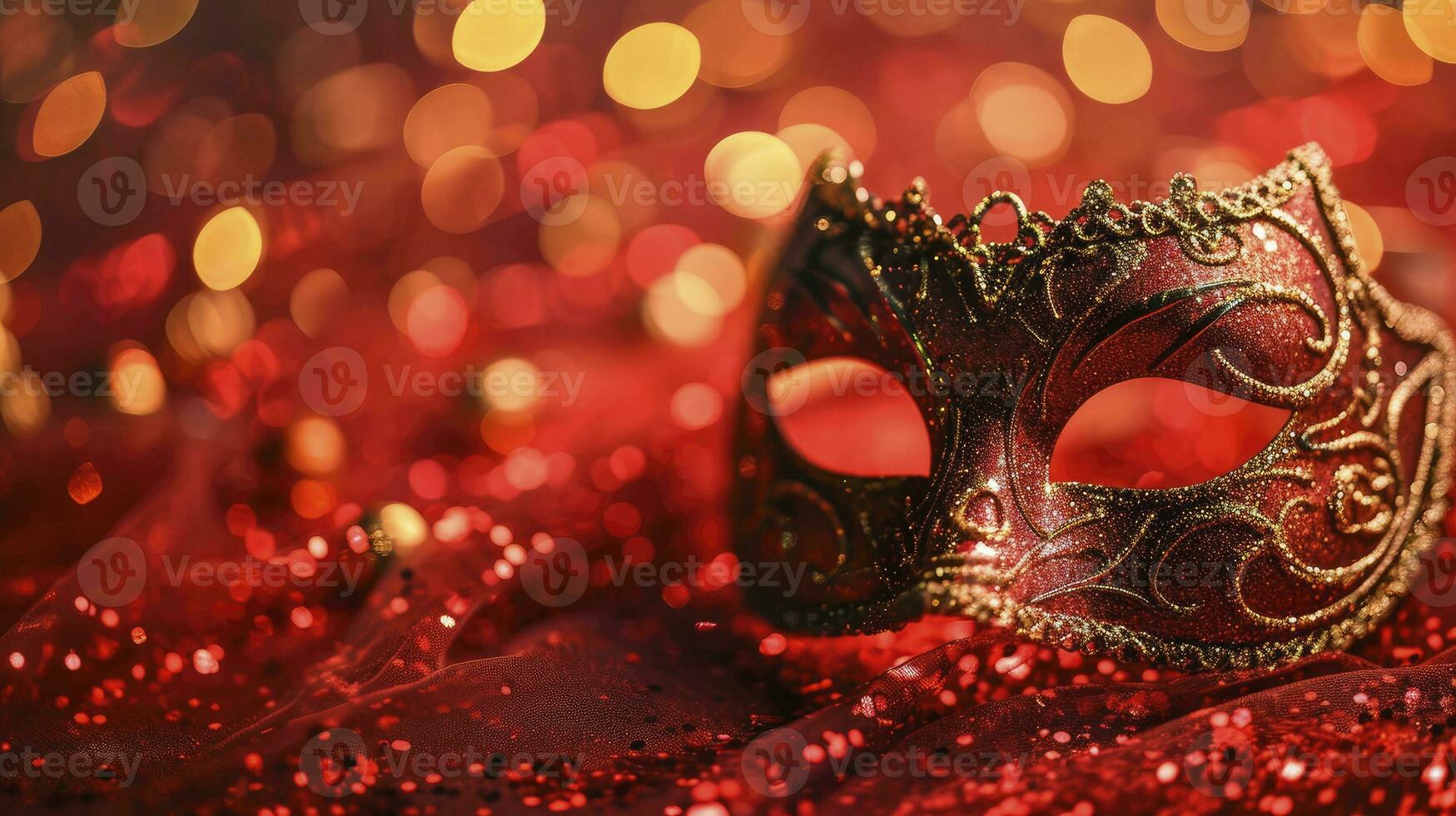 ai gerado carnaval cartão Magia dourado carnaval mascarar com brilhar dentro brilhante vermelho fundo foto