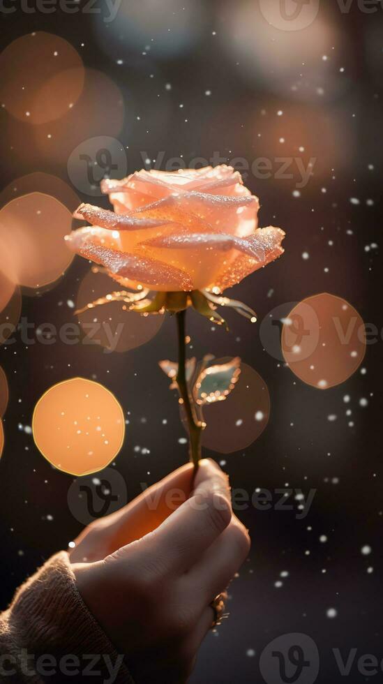 ai gerado homem mão segurando uma rosa, suave champanhe cor fundo com bokeh. feliz dia dos namorados dia cartão conceito. ai gerado imagem foto