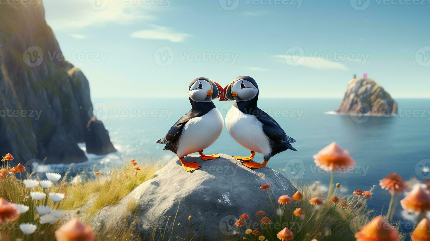 ai gerado dois super fofa papagaios-do-mar pássaro casal dentro amar. ai gerado imagem foto