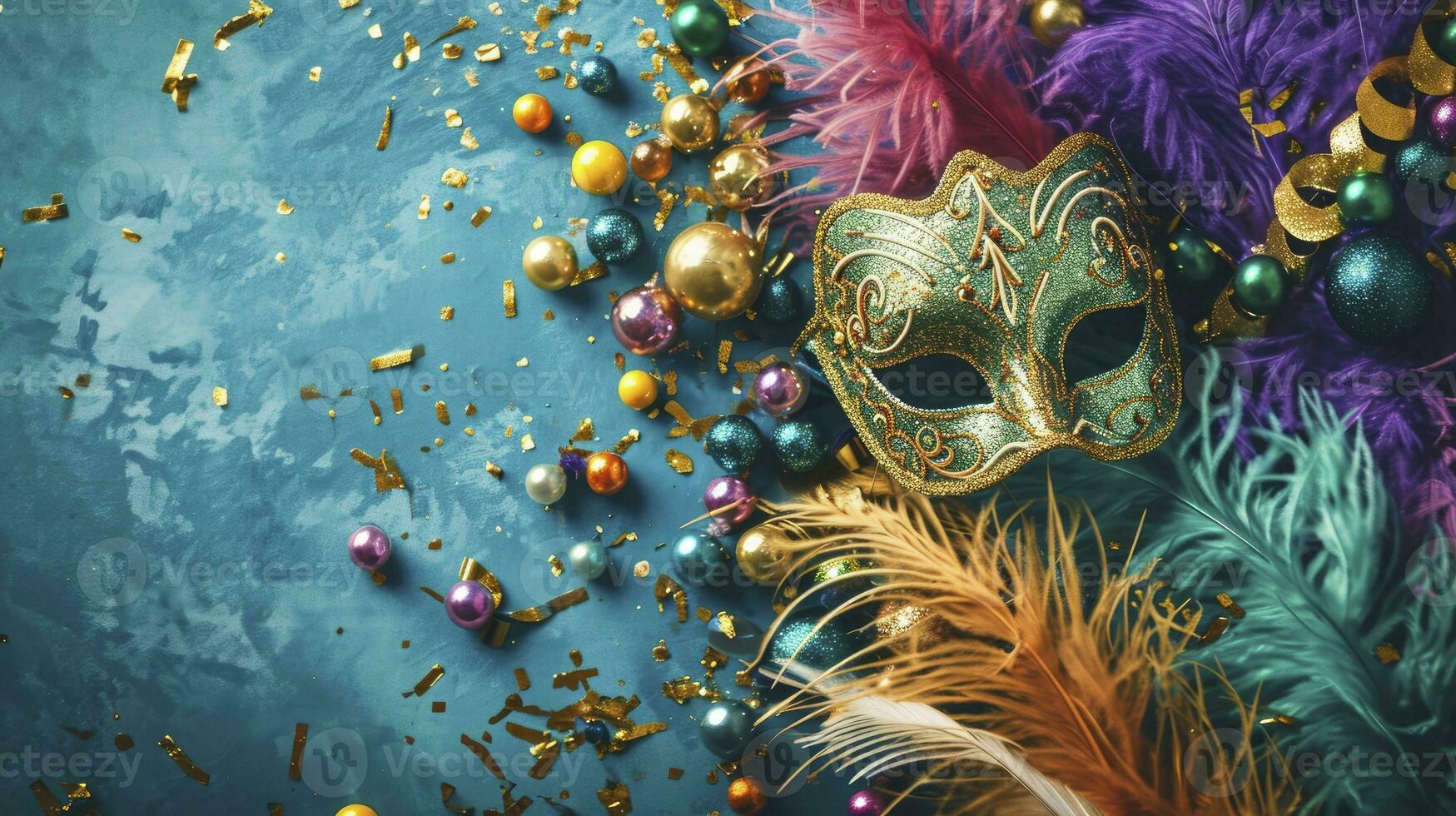 ai gerado colorida mardi gras miçangas, penas e carnaval máscaras em azul fundo com cópia de espaço foto