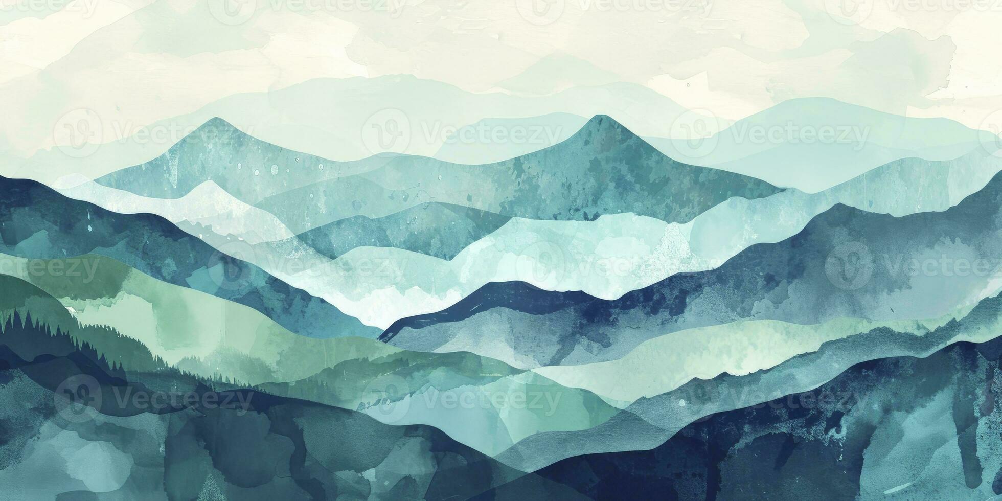 ai gerado minimalista panorama arte fundo com montanhas e colinas dentro azul e verde cores. abstrato bandeira dentro oriental estilo com aguarela textura para decoração, imprimir, papel de parede foto