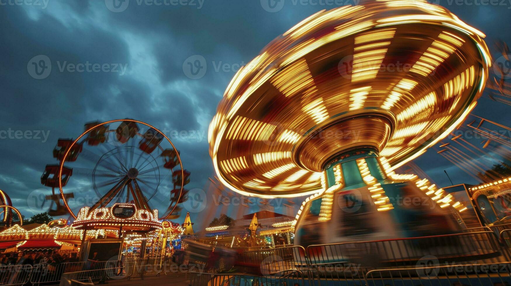 ai gerado parque de diversões e carnaval passeios e atrações brilhando às noite. foto