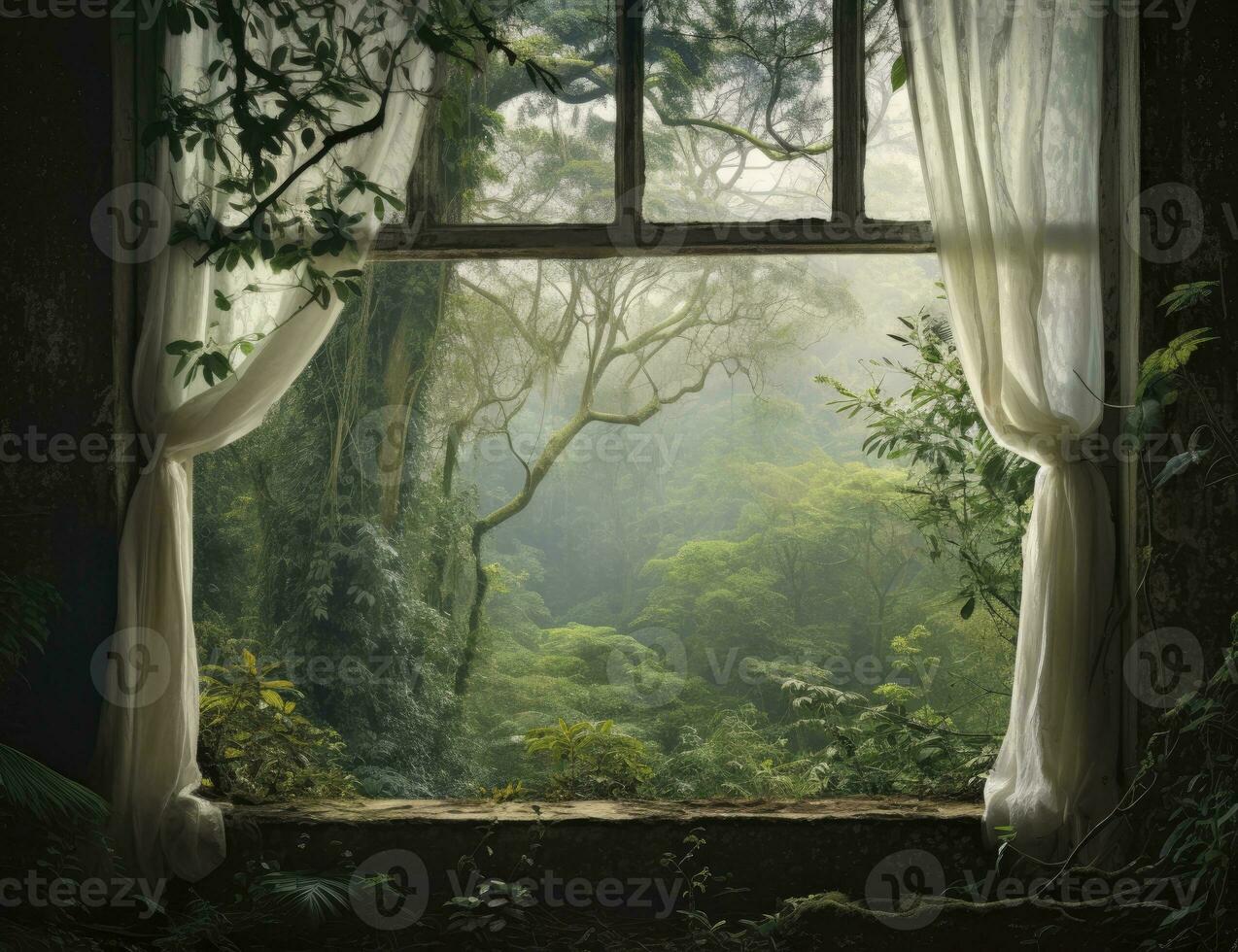 ai gerado moderno casa aberto janela Visão floresta fundo foto
