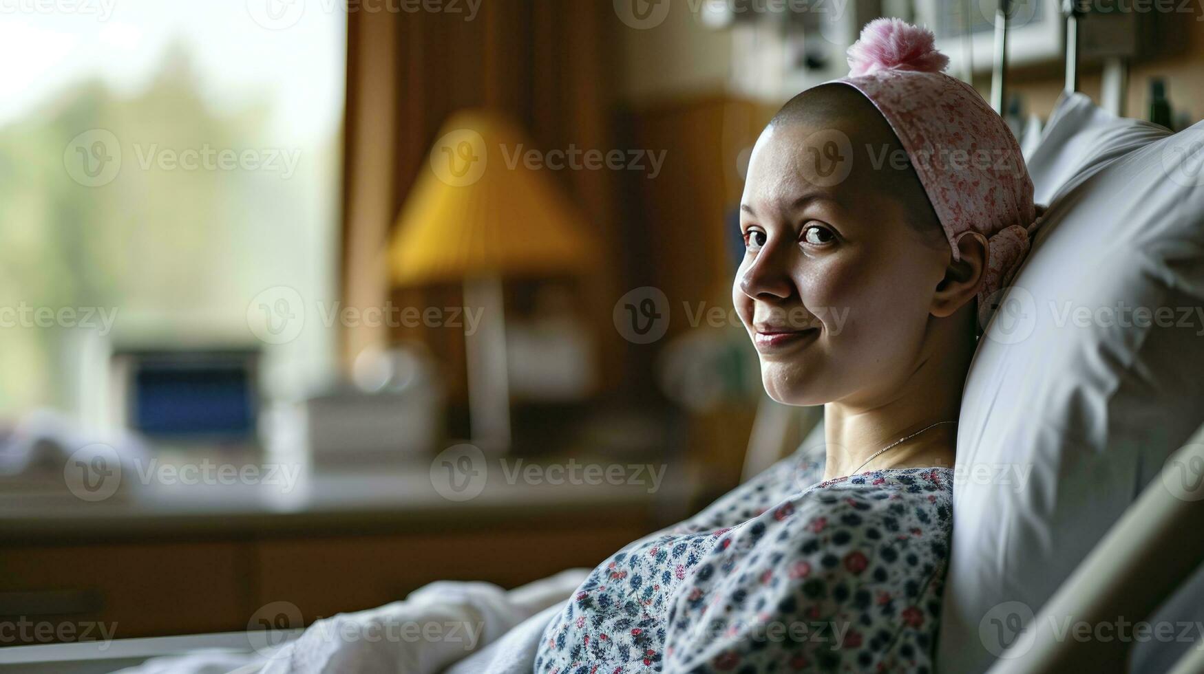 ai gerado mulher com uma Careca cabeça dentro uma hospital cama mundo Câncer dia conceito. foto