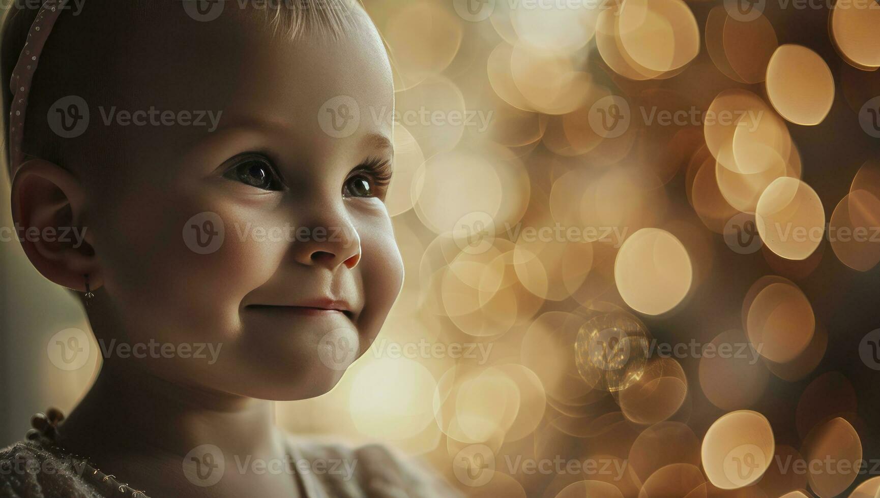 ai gerado uma pequeno menina com uma Careca cabeça mostrando dela sorriso, dentro a estilo do bokeh panorama foto