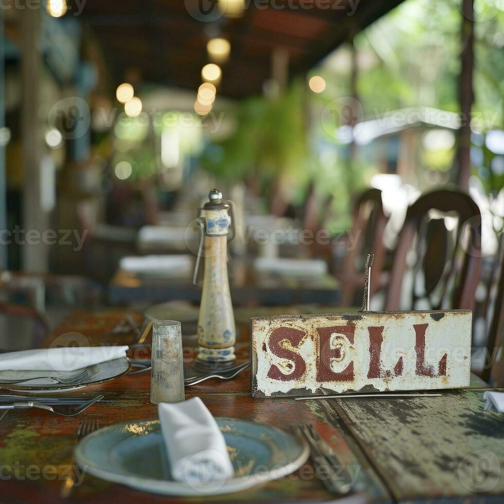 ai gerado a placa com texto vender às a restaurante foto