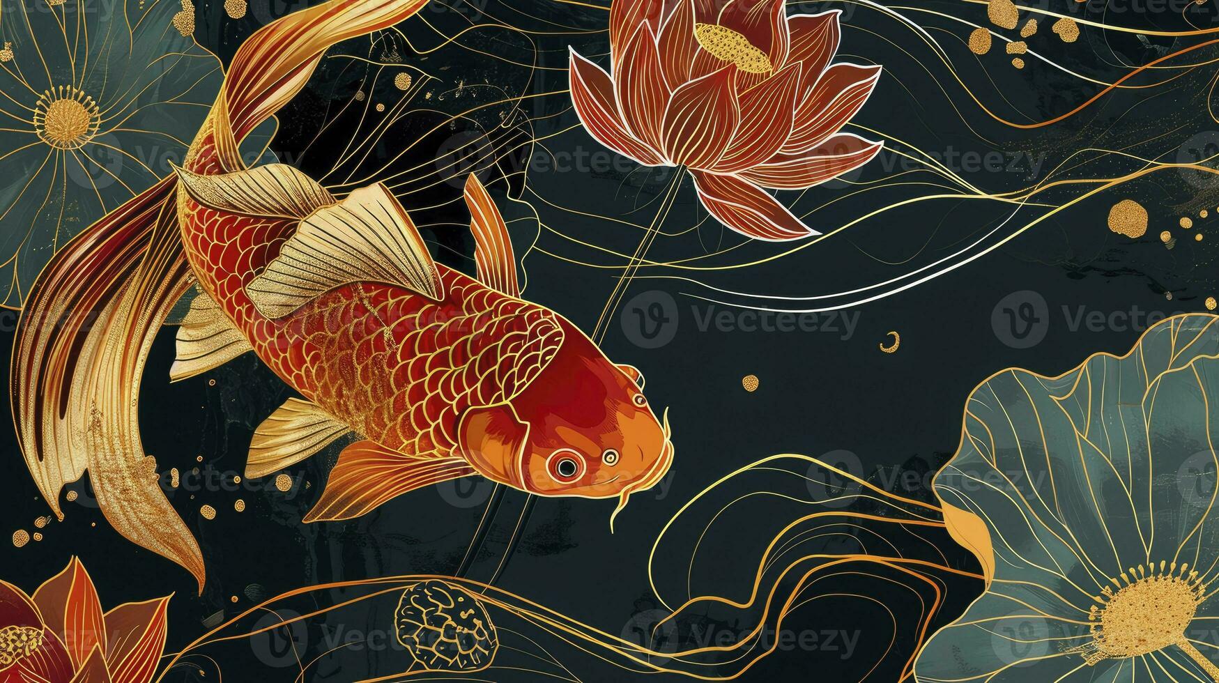 ai gerado luxo ouro oriental estilo fundo. chinês e japonês papel de parede padronizar Projeto do elegante peixinho dourado, lótus flores com ouro linha. Projeto ilustração para decoração, parede decoração. foto