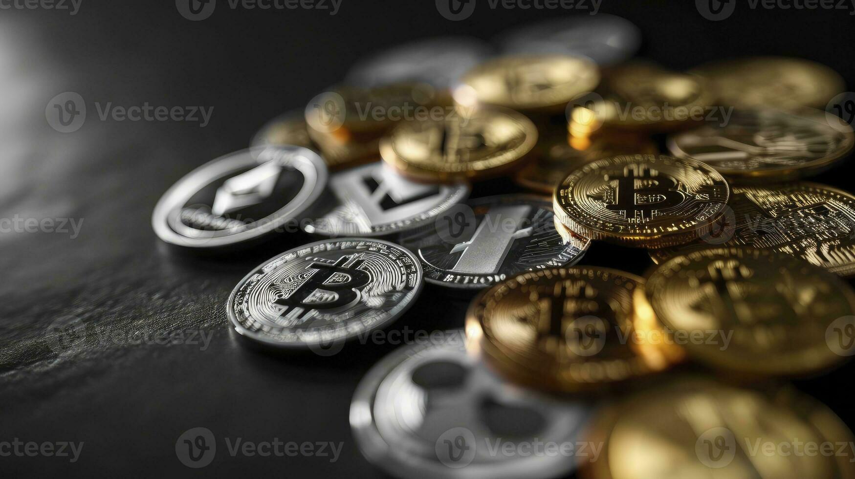 ai gerado simbólico criptomoeda tipos representado Como moedas estão forrado acima contra Sombrio fundo. foto