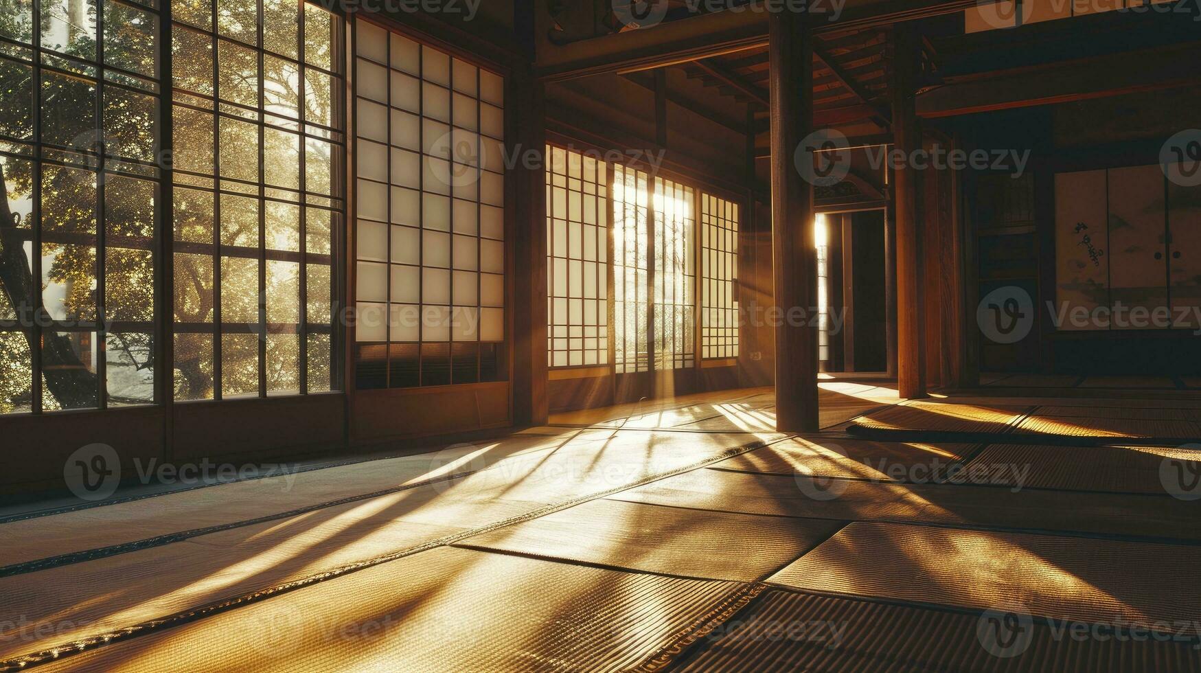 ai gerado tradicional japonês esvaziar quarto interior com tatame tapetes e Sol claro. foto