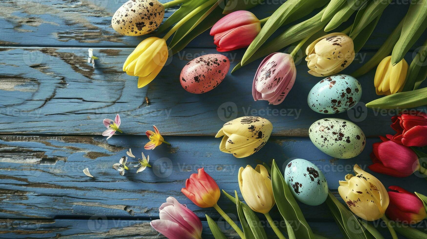 ai gerado Páscoa feriado fundo com Páscoa ovos e tulipa flores em de madeira mesa. topo Visão a partir de acima foto