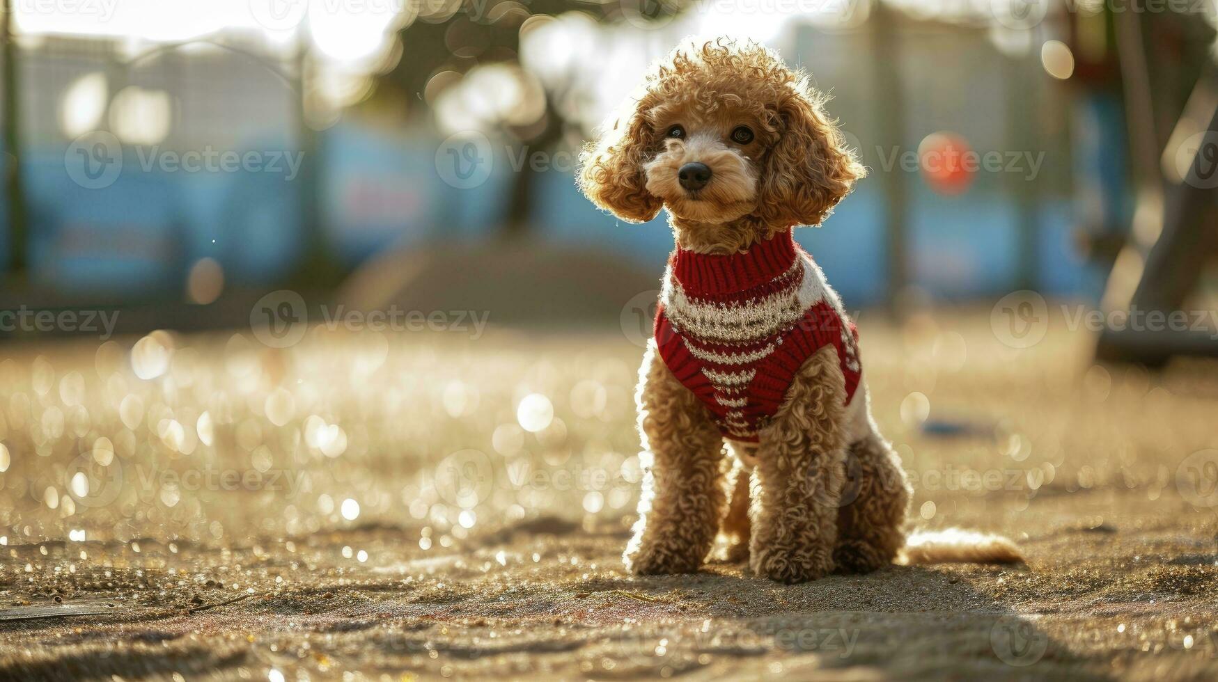 ai gerado a adorável sorrir Castanho brinquedo poodle levando uma cenário dentro a escola Parque infantil vestindo cachorro vestido vermelho e branco suéter foto