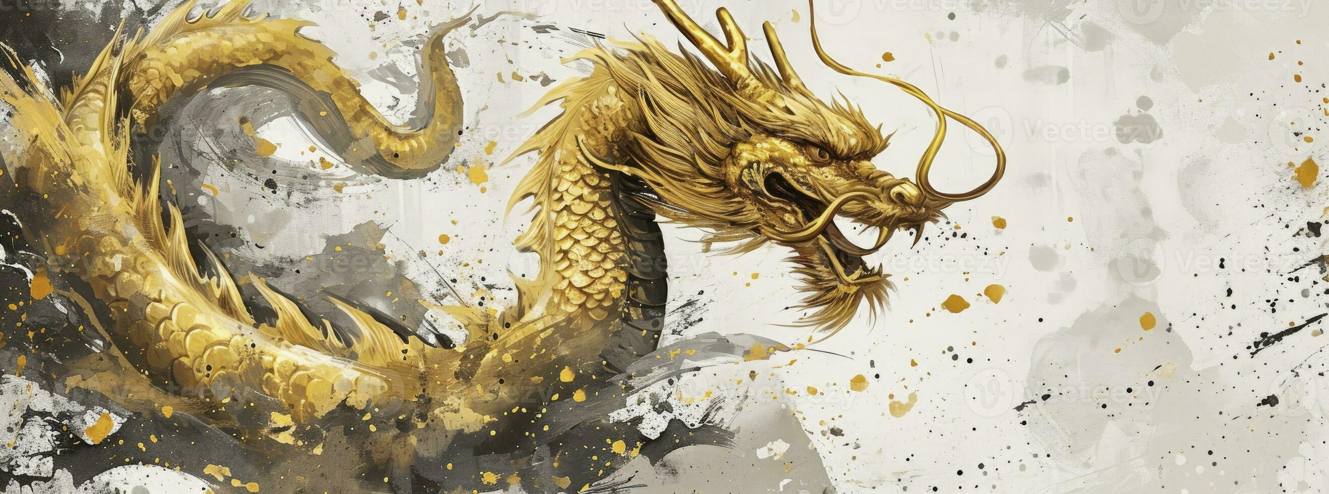 ai gerado dourado Dragão e ouro escova golpes para a Novo ano em uma branco fundo, dentro a estilo do tinta lavar colagens, Sombrio branco e luz cinza, encantador aquarelas. foto