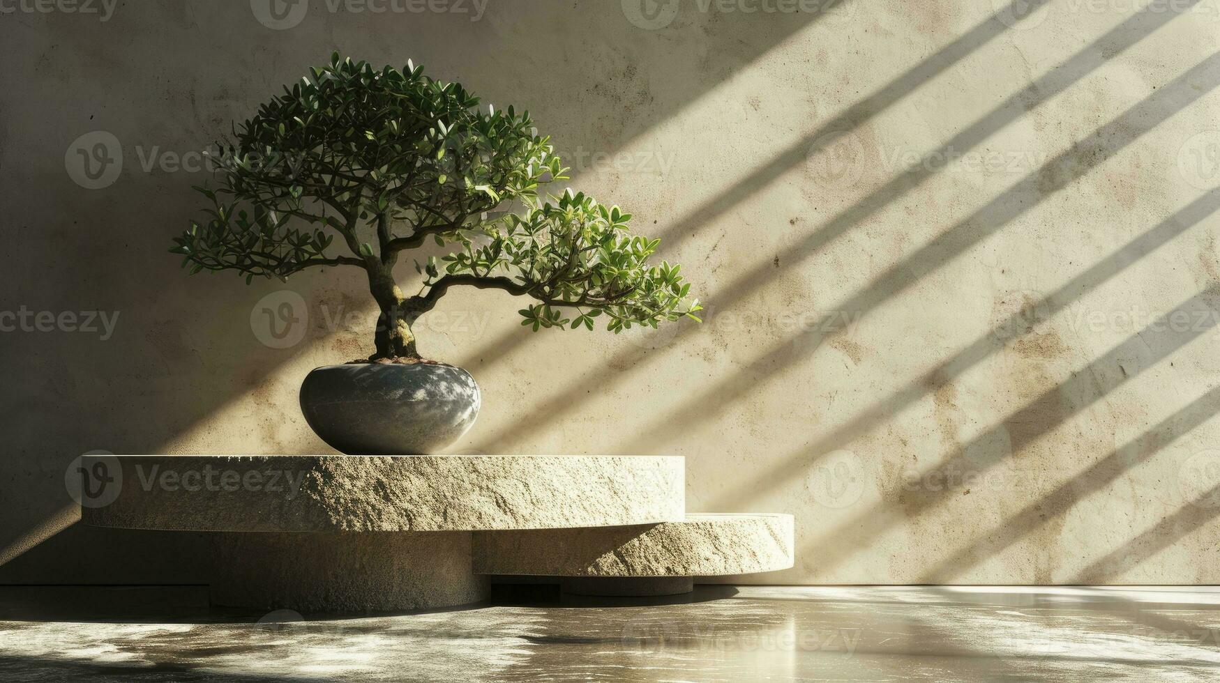 ai gerado japonês estilo mínimo abstrato fundo.pedra pódio e bonsai com Castanho fundo para produtos apresentação. 3d Renderização ilustração. foto