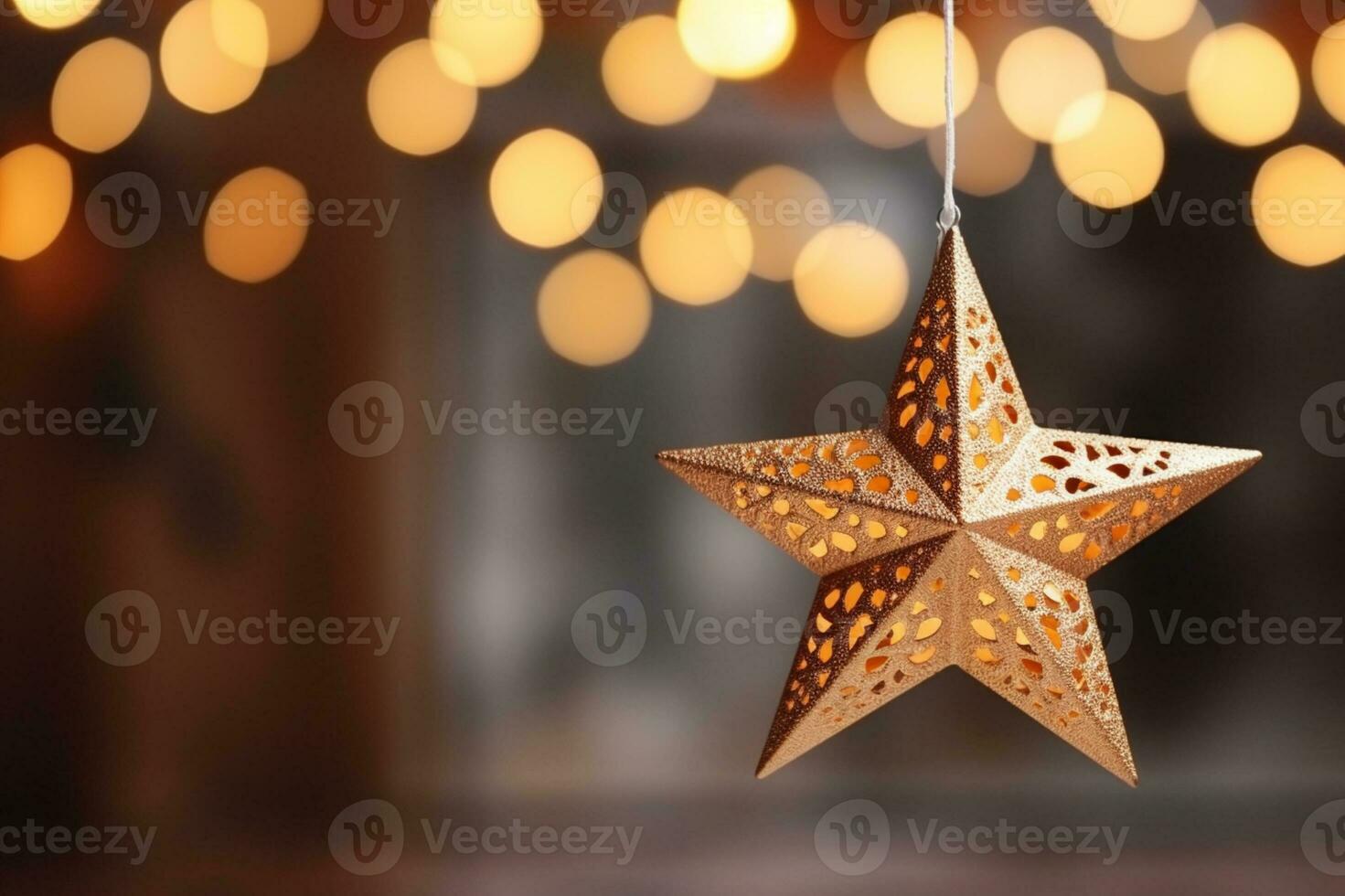 ai gerado seletivo foco tiro do Estrela enfeite suspensão em Natal árvore foto