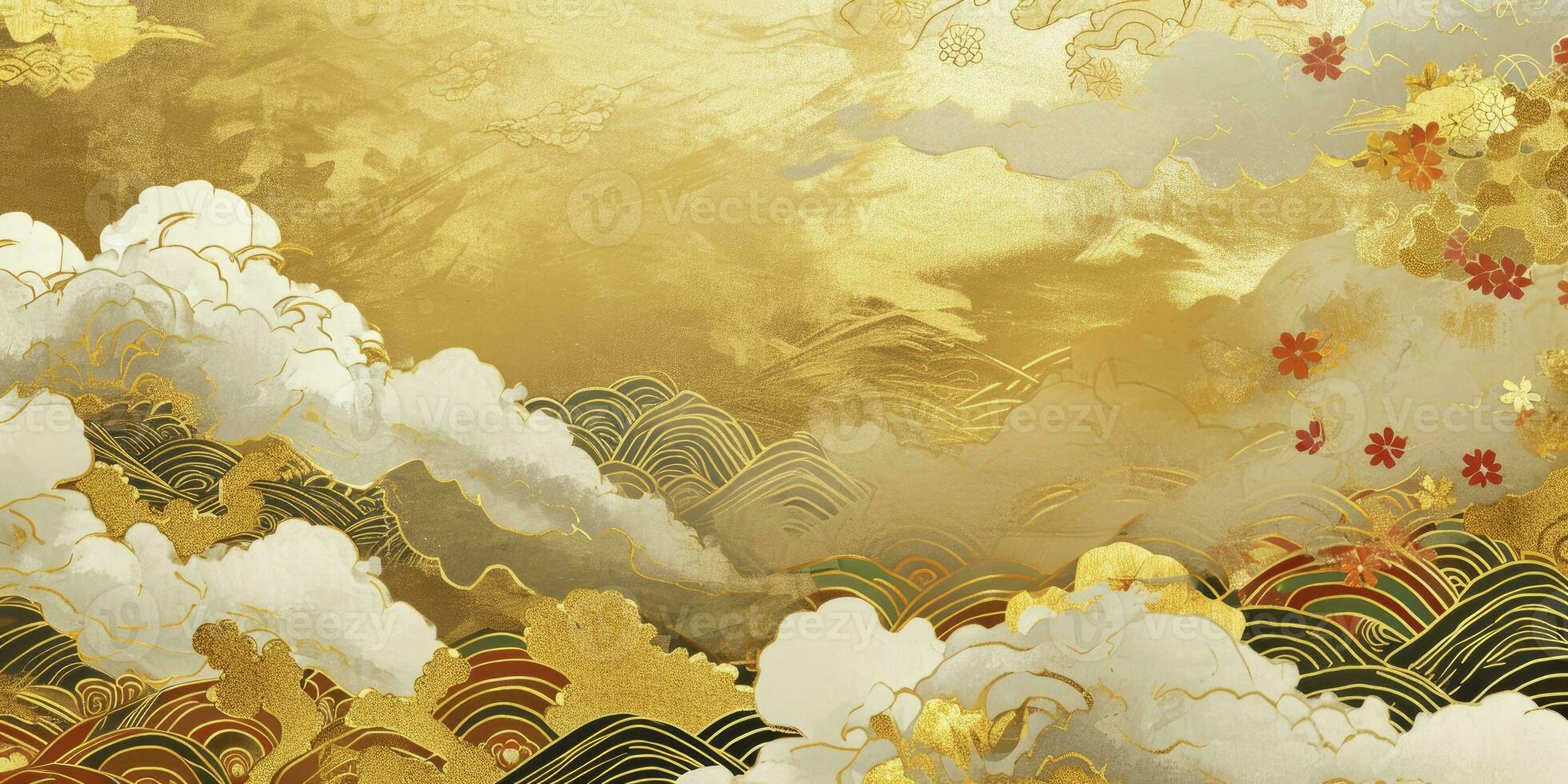 ai gerado de inspiração japonesa dourado folha quadro, Armação com aguarela ondas, nuvens, e tradicional padrões. requintado Projeto para uma luxuoso papel tratamento ou bandeira com uma toque do Japão. foto