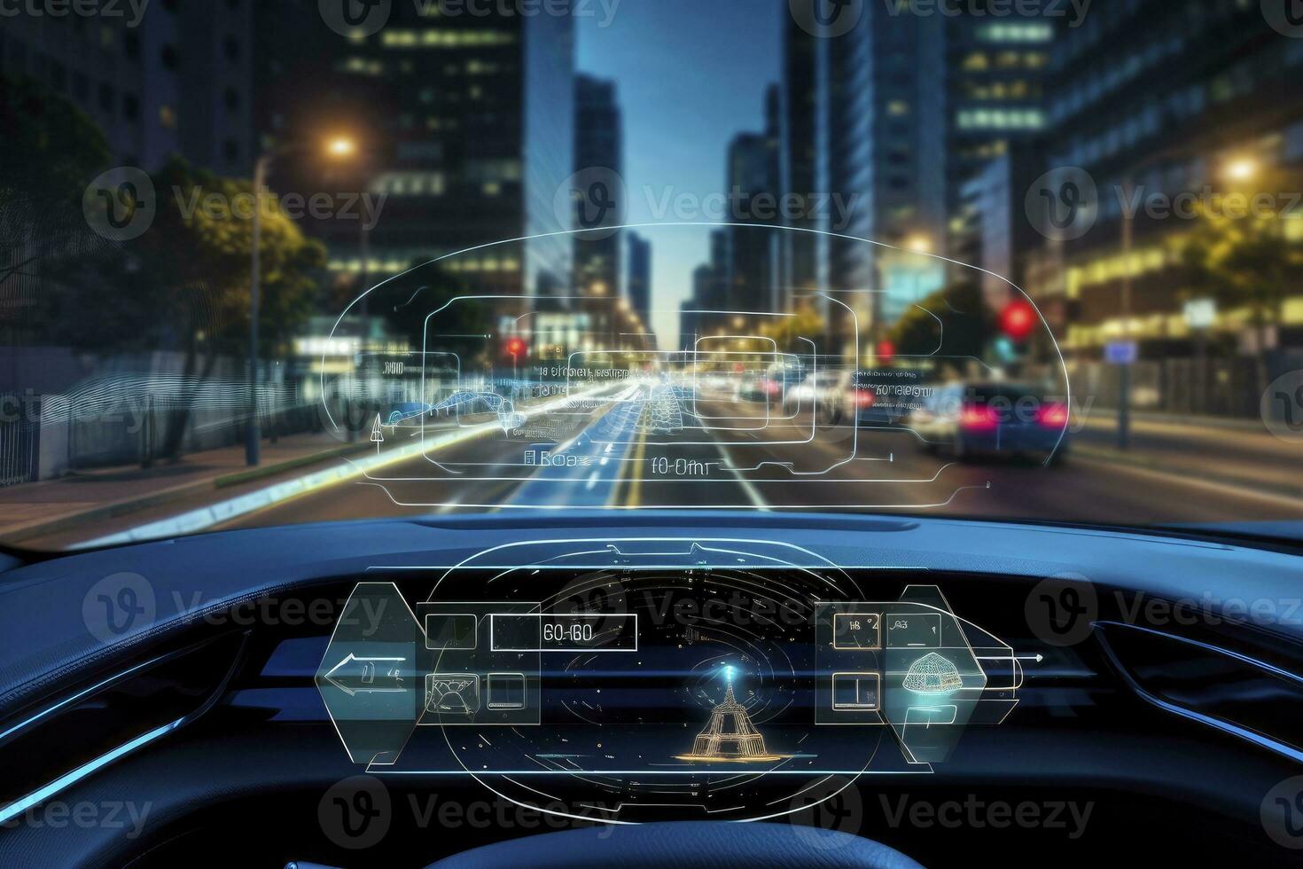 ai gerado moderno inteligente carro tecnologia inteligente sistema usando cabeças acima exibição hud Autônomo auto dirigindo modo veículo em cidade estrada com gráfico sensor radar sinal sistema inteligente carro. foto