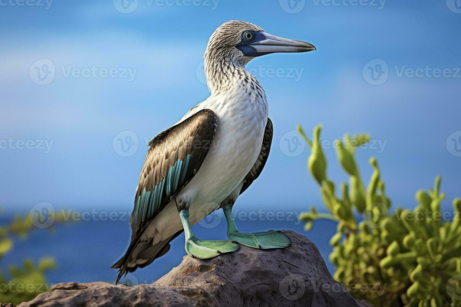 ai gerado a raro de pés azuis booby descansos em a de praia. ai gerado foto