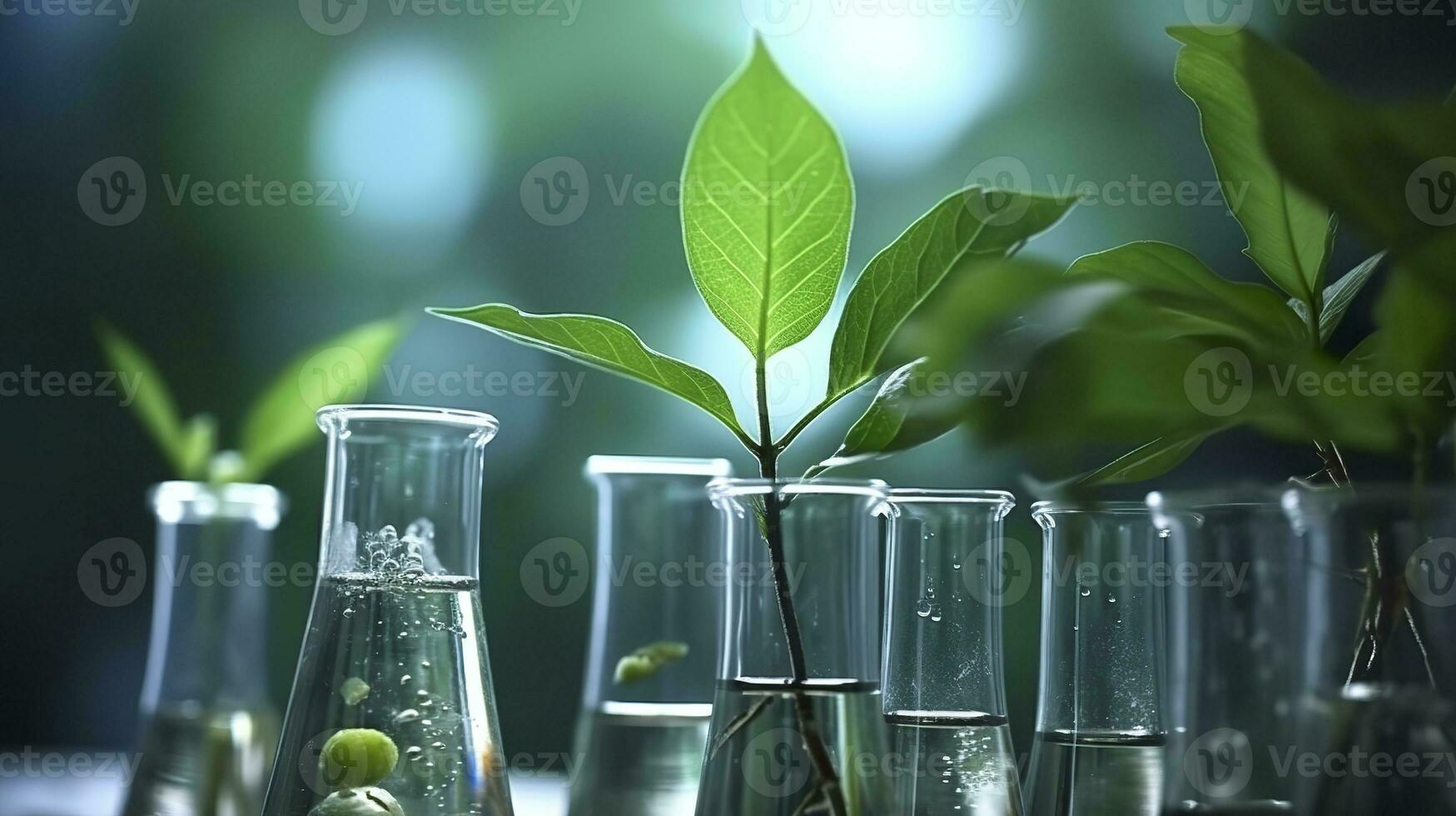 ai gerado biotecnologia conceito com verde plantar folhas, laboratório vidraria, e conduzindo pesquisar, ilustrando a poderoso combinação do natureza e Ciência dentro médico avanços. foto