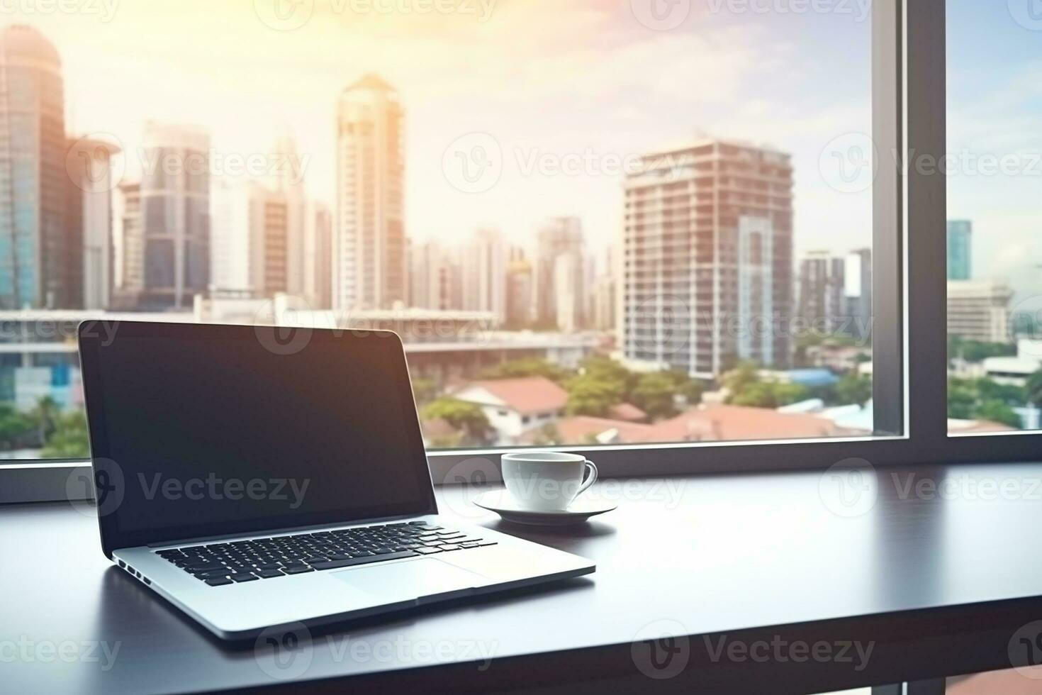 ai gerado madeira escritório copo do café e computador portátil em mesa ao lado janela com cópia de espaço, plano deitar. foto