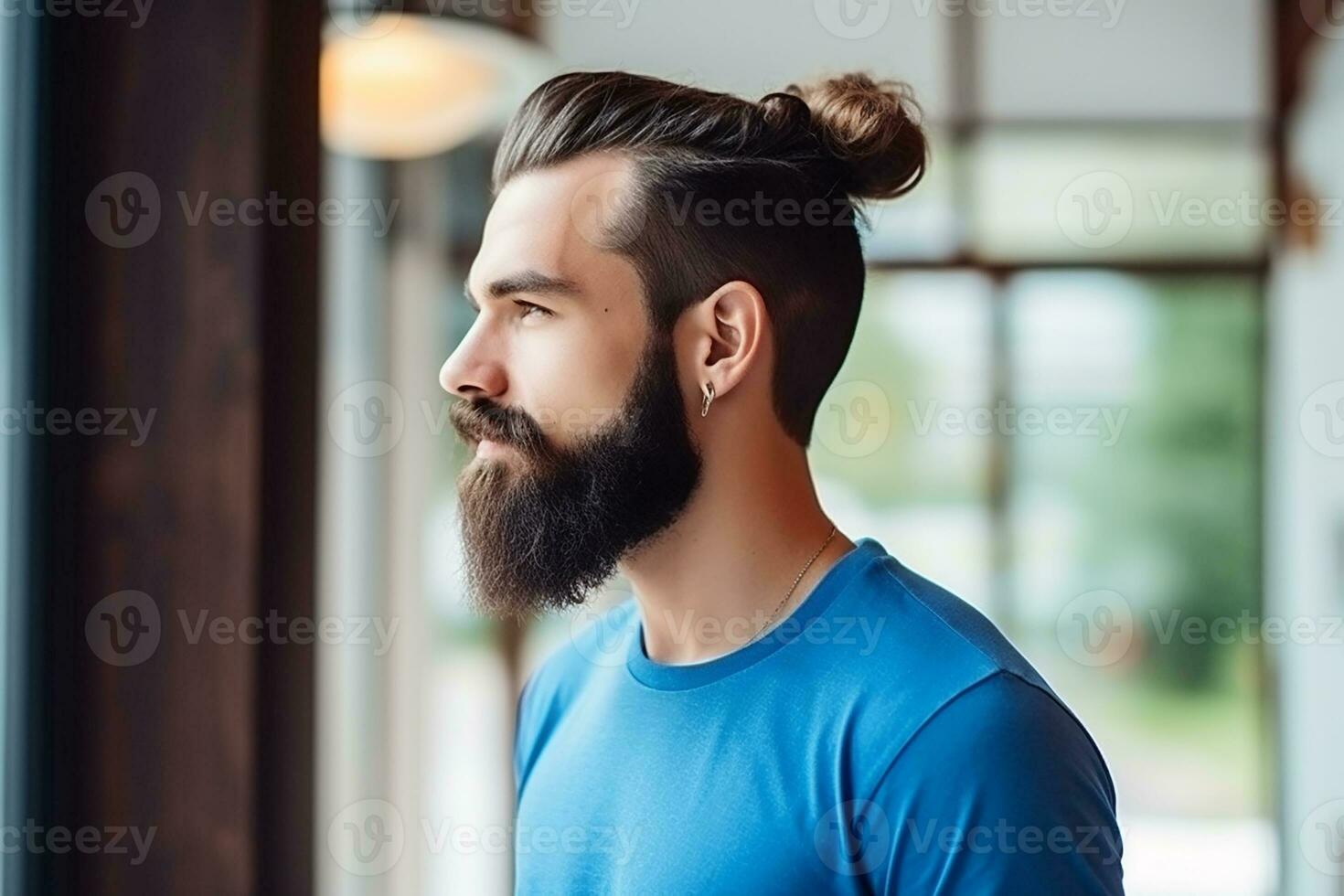 ai gerado uma bonito barbudo homem com grandes cabelo foto