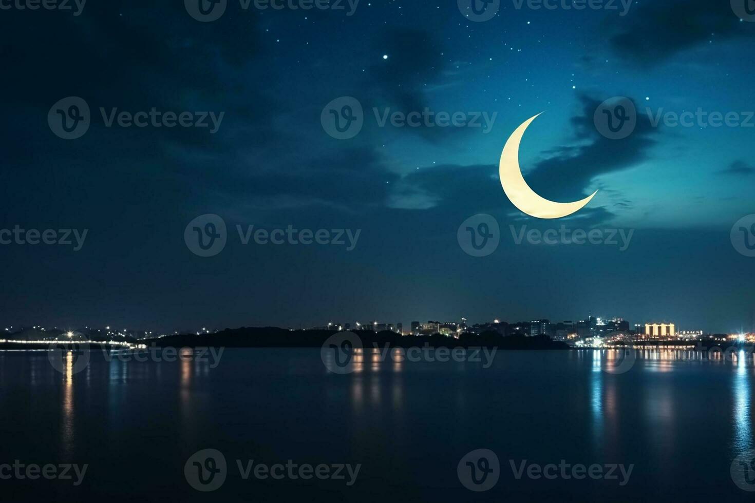 ai gerado noite céu e lua, estrelas, Ramadã kareem celebração foto