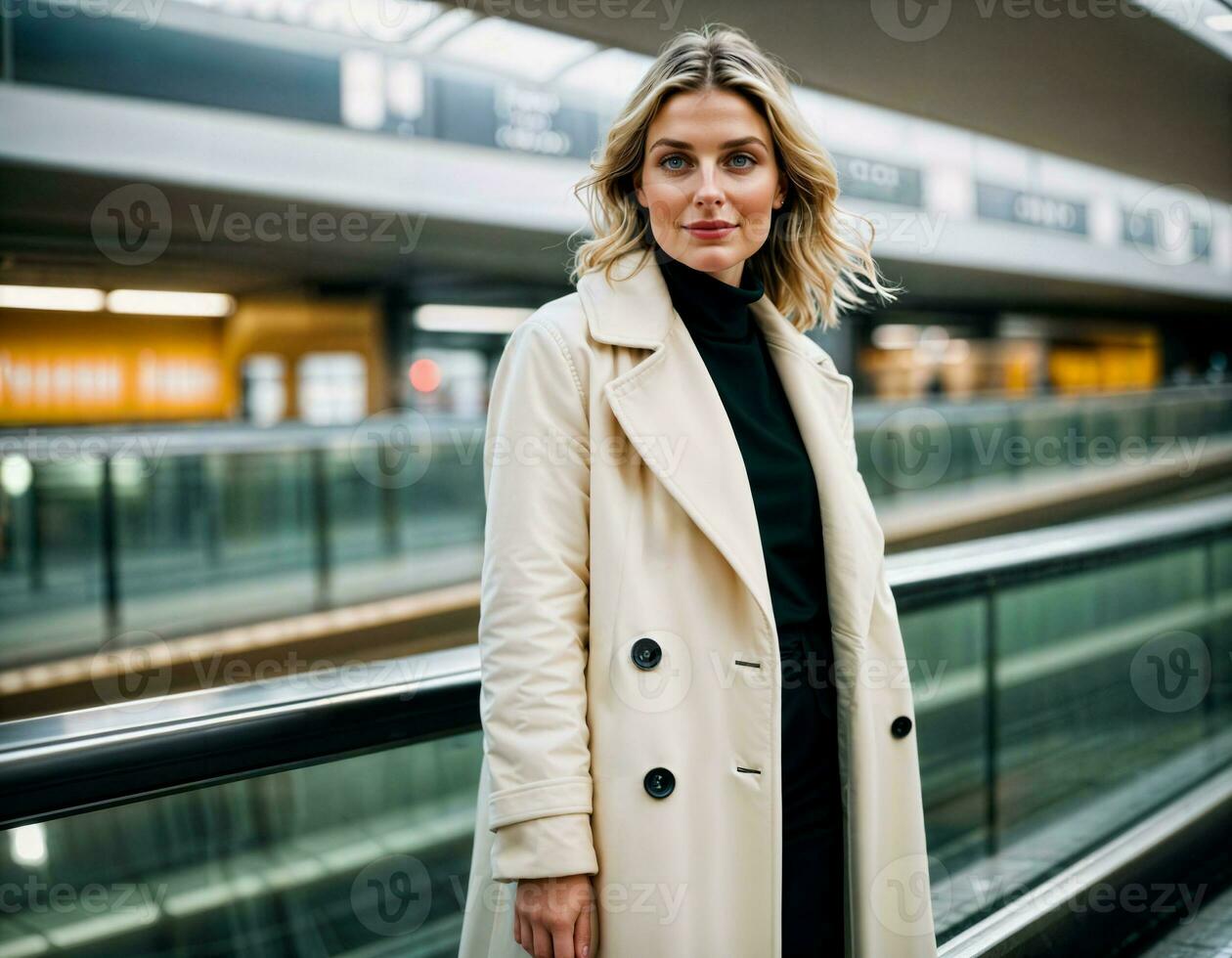 ai gerado foto do lindo mulher com inverno casaco em pé dentro frente do escada rolante, generativo ai