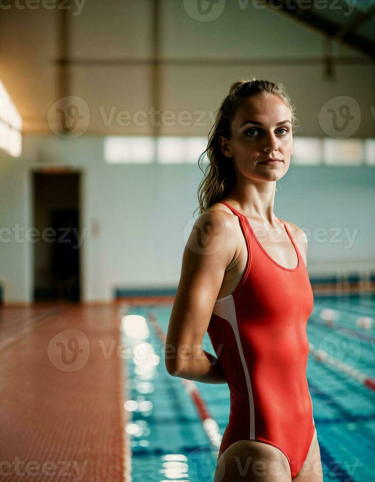 ai gerado foto do lindo mulher Como uma nadador atleta com natação terno às natação piscina, generativo ai