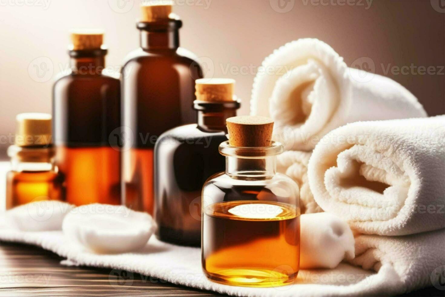 ai gerado Castanho vidro fechadas garrafas com aromático essencial óleos e branco enrolado acima toalhas. spa corpo tratamentos, pele Cuidado, massagem. foto