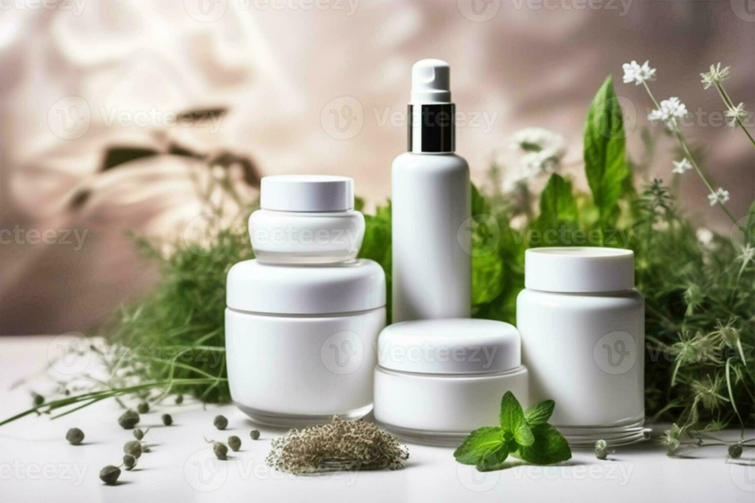 ai gerado branco tubos, frascos do cremes e loções em uma fundo do verde folhas. brincar. natural cosméticos conceito. foto